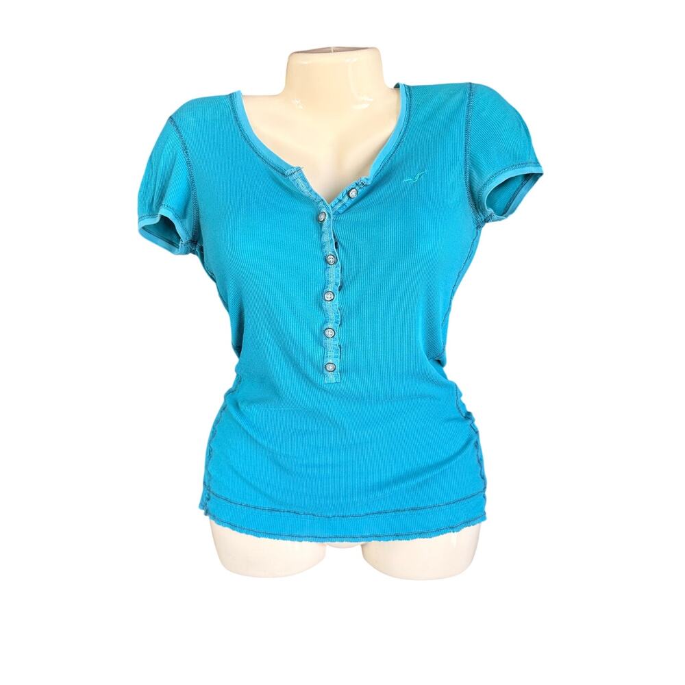 Hollister Turquoise Ribbed Vintage Henley Top Women's Large Short Sleeve